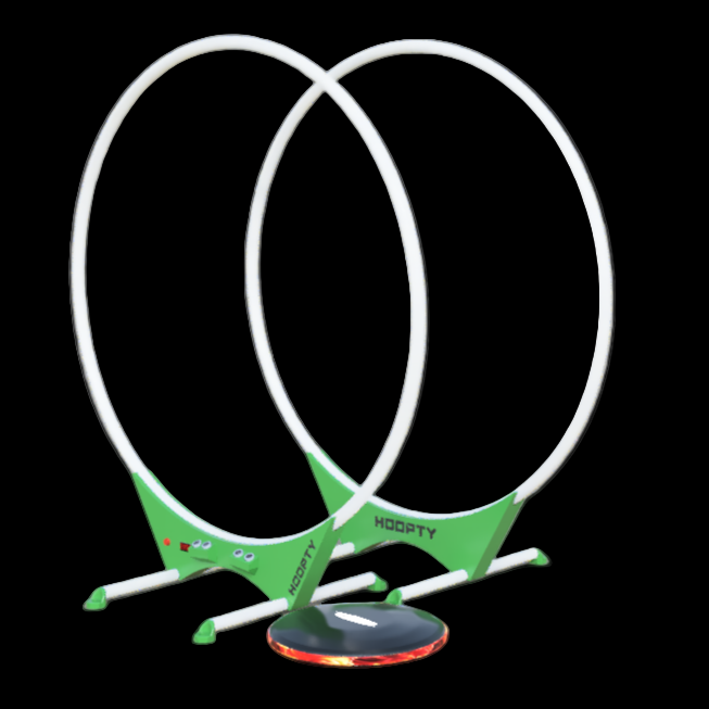 image illustrates the founders edition of the hoopty disc set in white with green lettering and accents with the hoopty disc next to it with red and orange accents set in front of a black background