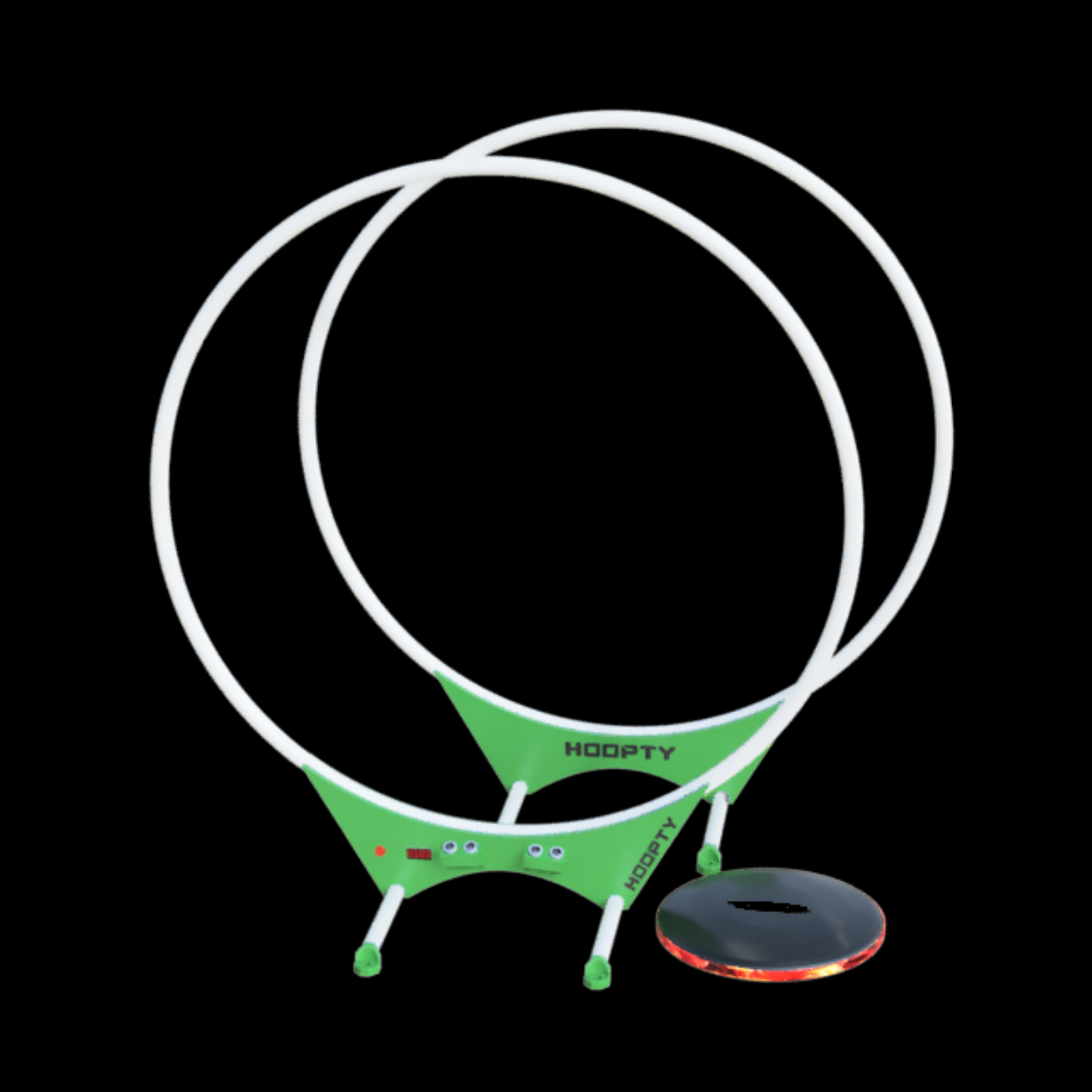 image illustrates the hoopty disc set in white with green lettering and accents with the hoopty disc next to it with red and orange accents set in front of a black background